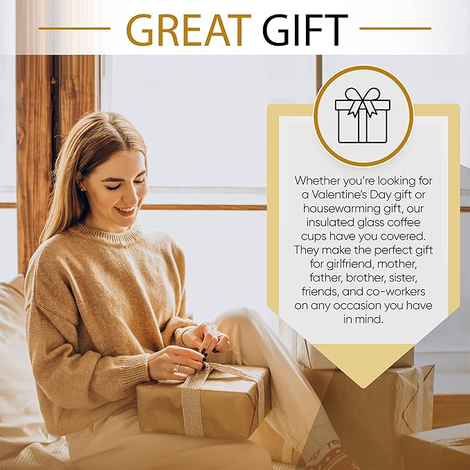 Double Walled Glass Coffee Mugs By Chef"s Unique Insulated Coffee Mugs With Handle And Bamboo Lid, Clear Glass Cups For Coffee Tea Latte Cappuccino Espresso 16 OZ (Set of 2)