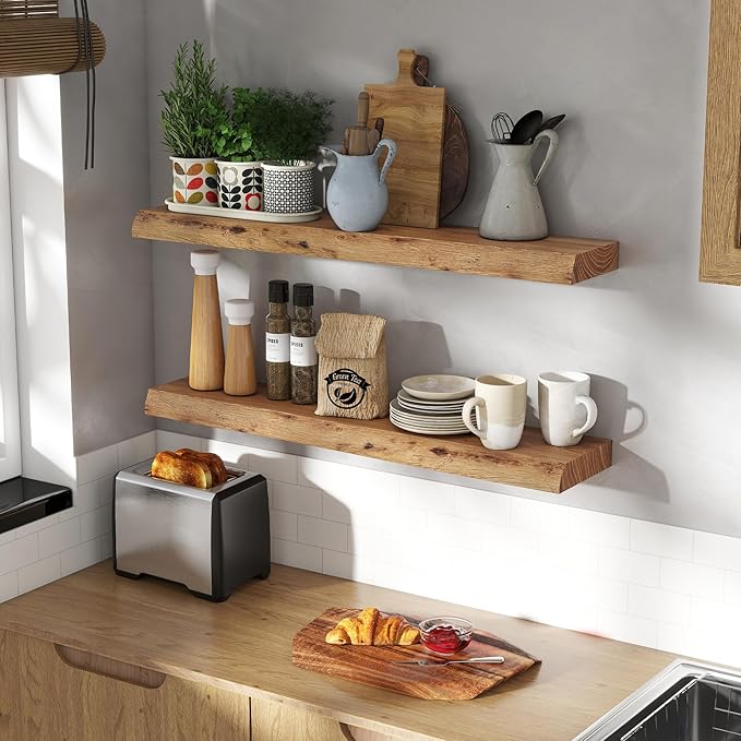 Live Edge Elm Wood Floating Shelves, 36 Inch Long Wall Shelves 2 Pack Shelf for Farmhouse Bedroom Bathroom Kitchen, Wall Mounted Wooden Shelf with Invisible Bracket for Books Decor, Natural