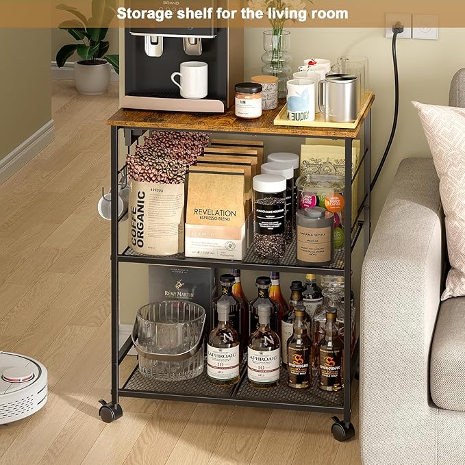 Rolling Kitchen Microwave Cart with Power Outlet, 3 Tier Microwave Table Stand with Storage, Kitchen Utility Cart on Wheels, Small Coffee Cart Shelf Rack Organizer for Living Room Office
