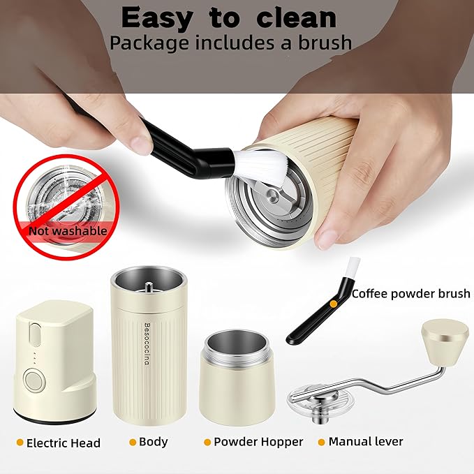 Burr Coffee Grinder 2-in-1 Manual/Electric, 40mm Stainless Steel Conical Burr Coffee Bean Grinder, USB Rechargeable Home Use, 16 Grind Levels for Espresso/Drip/French Press/Mocha (Milky)
