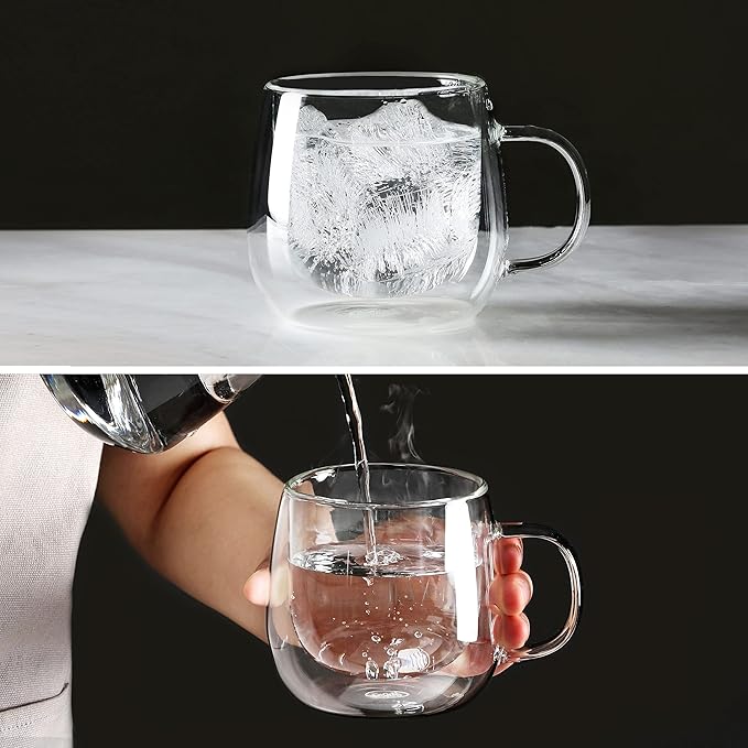 CNGLASS Double Walled Glass Coffee Mugs 10oz,Large Insulated Espresso Cups,Set of 2 Clear Glasses Cappuccino Mug with Handle(Tea Latte Glassware)
