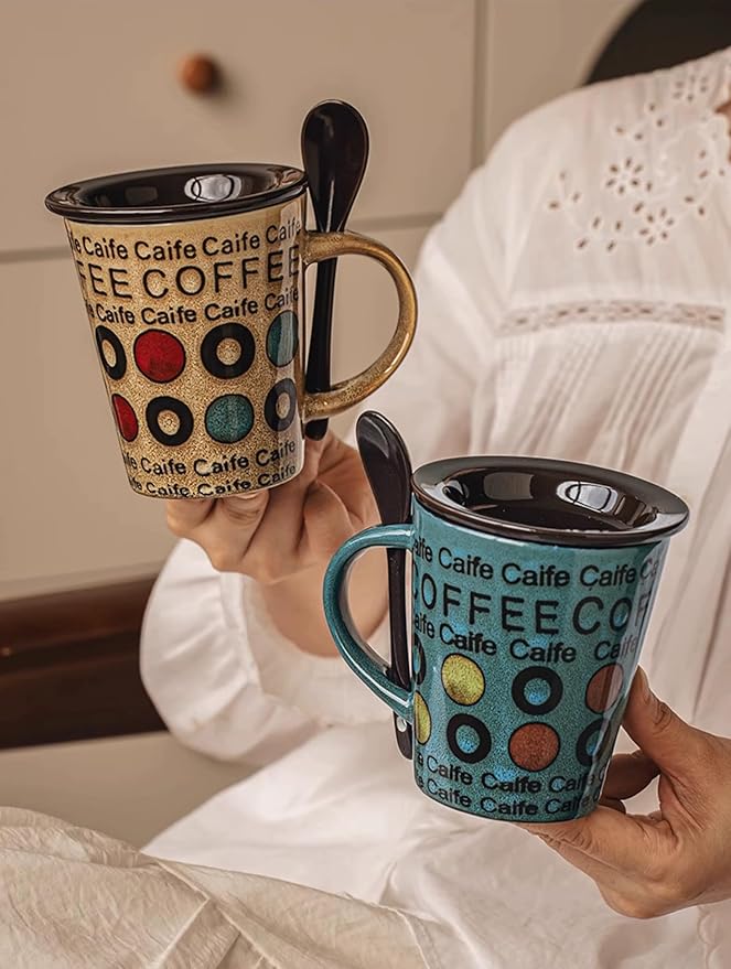 Ceramic Coffee Mugs Set of 1, 12 oz Stoneware Coffee Cup with Spoon and Lid, Cup for Latte, Tea, Cappuccino, Cocoa, Microwave Dishwasher Safe, Modern Unique Aesthetic Christmas Gift, Green Letter Cup
