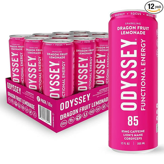 Odyssey Functional Energy Drink for Focus, Cognition & Mood Support 12 Pack - Adaptogenic Drink with 85mg Green Tea Caffeine, Lion’s Mane, Cordyceps, L-Theanine & Ginseng, Dragon Fruit Lemonade