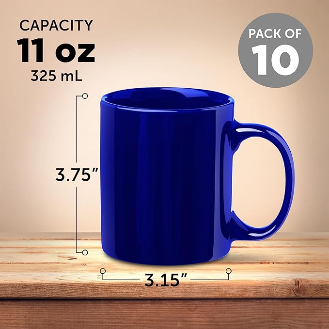 DISCOUNT PROMOS Ceramic Coffee Mugs 11 oz. Set of 10, Bulk Pack - Coffee cup set, Iced coffee cup, Gaming mug - Cobalt Blue