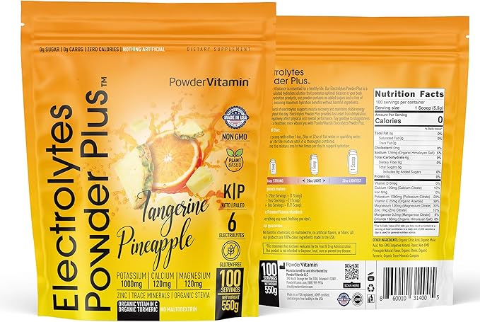 PowderVitamin Electrolytes Powder Plus (100 Servings) Tangerine Pineapple Electrolyte Powder Zero Calorie Keto,0Sugar, No Maltodextrin,1000mg Potassium,120mg Calcium,120mg Magnesium, Hydration Powder