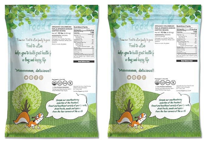 Food to Live Organic Colombian Huila Arabica Green Coffee Beans, 20 Pounds – Whole, Unroasted, Washed Bean. Single Origin. Fresh Crop. No-GMO, Vegan, Bulk