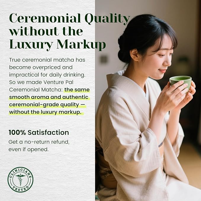 Venture Pal Superior Ceremonial Grade Matcha Powder, 100% Pure First Harvest Matcha Powder, Shade Grown Green Tea – Vegan, Gluten-Free, No Additives, Unsweetened (30g/1.06oz Tin)