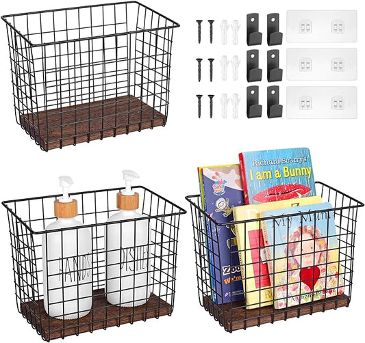 Wall Hanging Baskets 3 Pack, Diversified Wire Basket Shelves of Wooden Style, with Wall Mounted Hooks & Traceless Stickers, for Kitchen Coffee Bar Office Room Garage Storage Organization (Large)