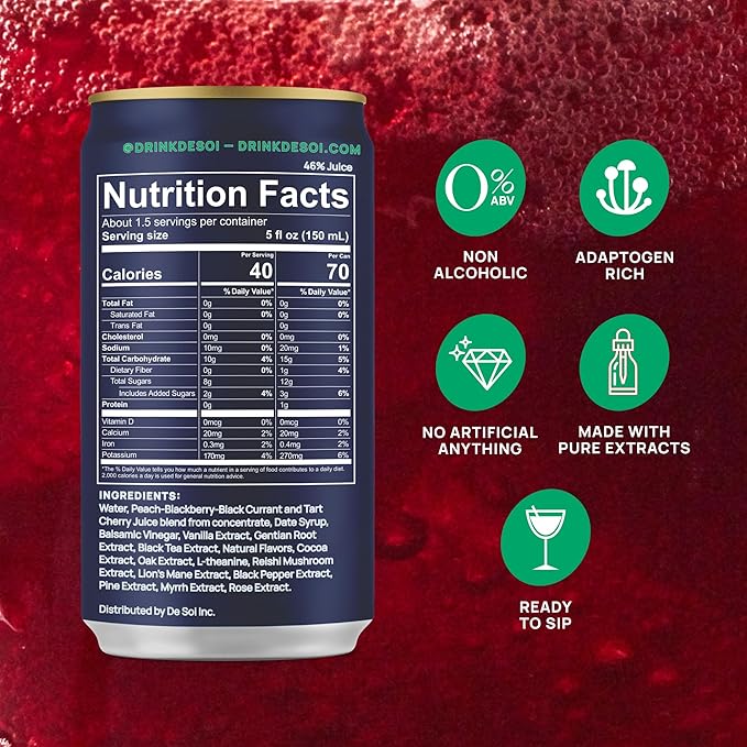 De Soi Purple Lune Mocktails NA Drinks 8 fl oz (12-pack) - Adaptogen Drink, Sparkling Drink with Calming Botanicals, Mocktail Drinks, Gluten Free, No Artificial Flavors