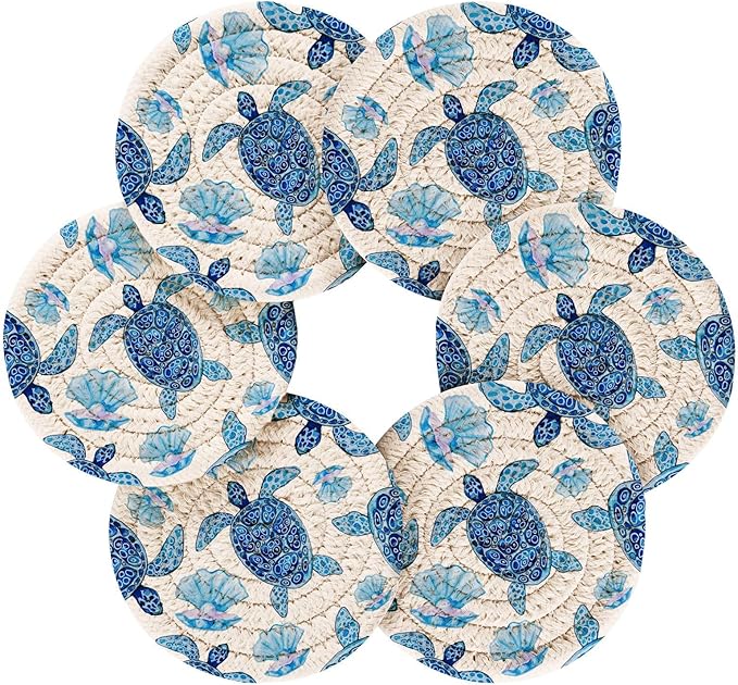 Blue Ocean Map Drink Coasters - Set of 6 Turtle Design - Absorbent Cotton Woven Coasters for Coffee Table Protection