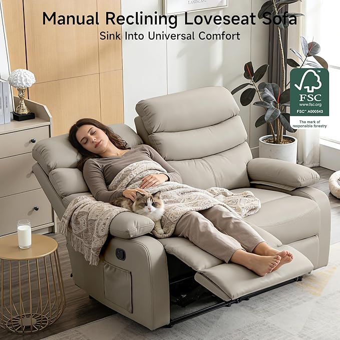 Reclining Loveseat, Anti-Scratch Leather Double Recliner Sofa with Side Pocket, Wall Hugger Loveseat Recliner for Living Room, RV, Home Theater(Beige)