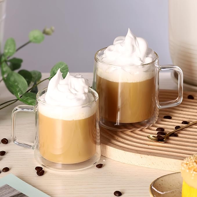 CNGLASS 12oz Glass Coffee Mugs,Double Wall Insulated Glass Cups with Handle,Clear Espresso Mugs for Latte,Cappuccino,Tea Bag,Set of 4