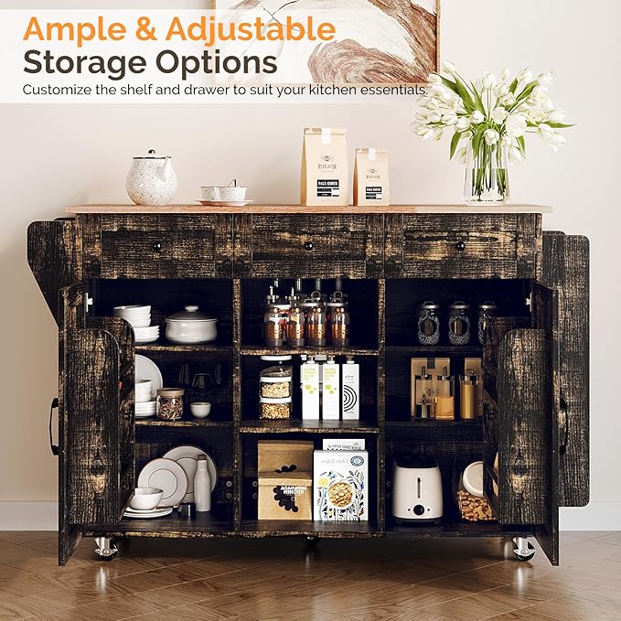 VINGLI Kitchen Island with Storage, 52" Rolling Kitchen Cart with 3 Drawers & Shelves, Drop Leaf Design, Mobile Island with Barn Doors, Towel & Spice Rack for Kitchen & Dining, Black & Gold