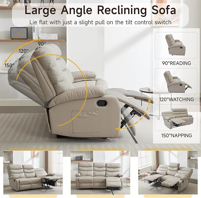 3 Seater Recliner Sofa Set, Anti-Scratch Reclining Loveseat Sofa & Couch for Living Room, RV, Home Theater Apartment(Beige, 3 Seater Sofa)
