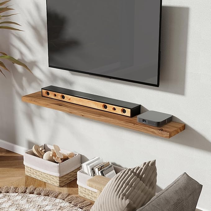 55 inch Floating Shelves for Wall, Rustic Solid Elm Wood Floating Shelf, Wall Mounted Long Wall Shelves for Bedroom, Kitchen, Living Room and Bathroom, Real Dark Wood Shelf for Home, Natural