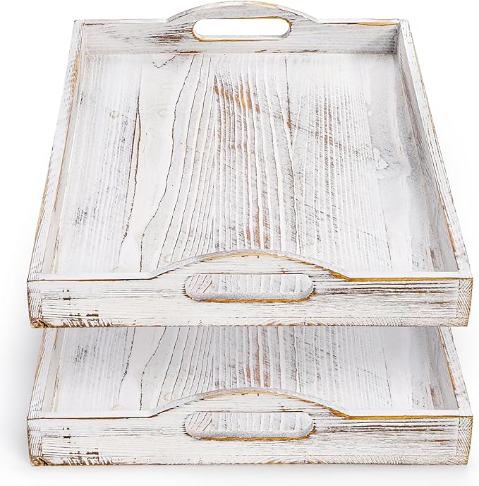 DEAYOU 2 Pack Wood Serving Tray, 16.5" Ottoman Wooden Trays for Coffee Table, Farmhouse Vintage Decorative Tray Platter with Cutout Handle for Eating, Breakfast, Rectangle, 16.5" L x 11" W