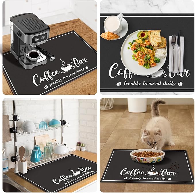 Absorbent Coffee Mat, Fashion Dish Drying Mat for Kitchen Counter Coffee Bar Accessories Espresso Machine Dish Rack 17" x 32" Black