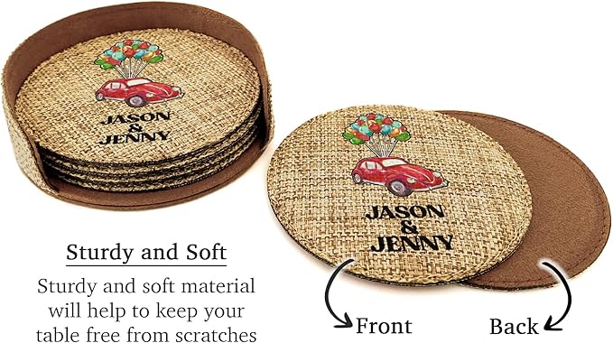 Smile Art Design Family Couple Names Custom Drink Coaster Set of 6 with Base Round Burlap Material Car Design Personalized Prints Personalized Gifts House Warming Rustic Decor Style9