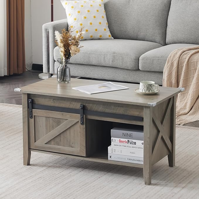 VINGLI Farmhouse Lift Top Coffee Table, Rustic Grey with Storage Shelf/Hidden Compartment, Mesa De Centro para Sala, Rustic Brown (Grey, 36" L)