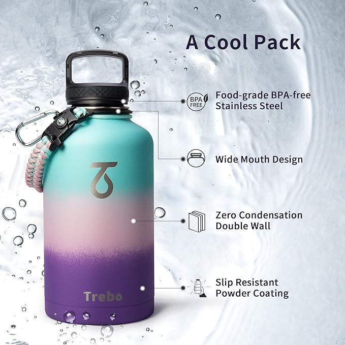 Trebo Water Bottle Insulated with Lid and Straw, Double Wall Vacuum Stainless Steel Metal Tumbler Sports Flask with Paracord Handle, Keep Cold 48 Hours Water Cup with 3 Lids, Hydrangea