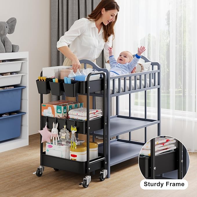 3 Tier Rolling Cart Metal with Wheels, Black Three Tiered Art Cart Organizer on Wheels, Storage Utility Trolley Carts for Kithcen, Craft, Nail, Lash, Makeup, Salon,Bedside, Bathroom, Office, Snack