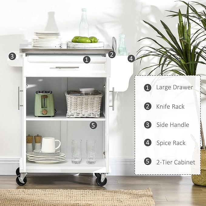 HOMCOM Kitchen Island on Wheels, Rolling Kitchen Cart with Stainless Steel Countertop, Drawer, Towel Rack and Spice Rack, Utility Storage Trolley, White