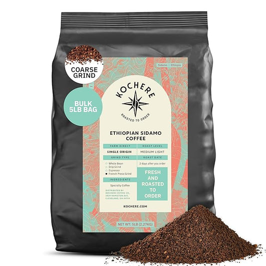 Ethiopian Sidama Coffee Beans - Single Origin Medium Light Roast, Freshly Roasted To Order Coarse French Press Grind Coffee, Specialty Grade, Fair Trade and Non-GMO, Chocolate and Fruity Notes - 5LB