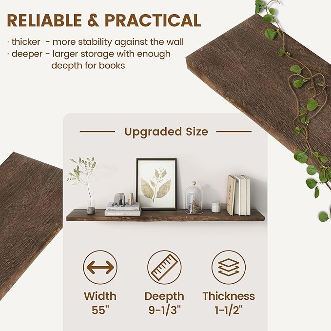 Reclaimed Elm Wood Floating Shelf for Wall, Live Edge 55"W x 9.2"D x 1.4"H, 1 Pack with Invisible Bracket, Large Wall Mounted Shelf for Living Room Bedroom Kitchen Bathroom Decor, Walnut Finish