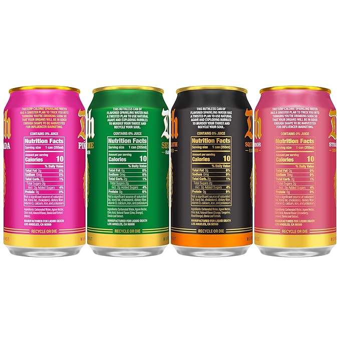 Liquid Death Soda-Flavored Sparkling Water - Modern Variety, Less Sugar*, Huge Flavor, No Caffeine, No Artificial Sweeteners, 4 Flavors: Lime, Orange, Strawberry, Piña Killada 12 Fl Oz (Pack of 12)