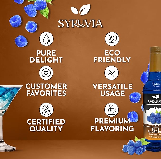 Syruvia Blue Raspberry Syrup, Flavored Syrup for Drinks, Cocktails, Lemonades, Iced Teas, and Desserts – 25.4 fl oz