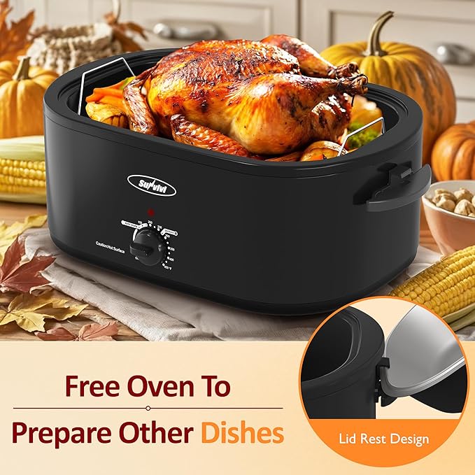 Sunvivi Electric Roaster, 26 Quart Electric Roaster Oven with Self-Basting Lid, Turkey Roaster Oven Buffet with Removable Pan, Cool-Touch Handles, Black