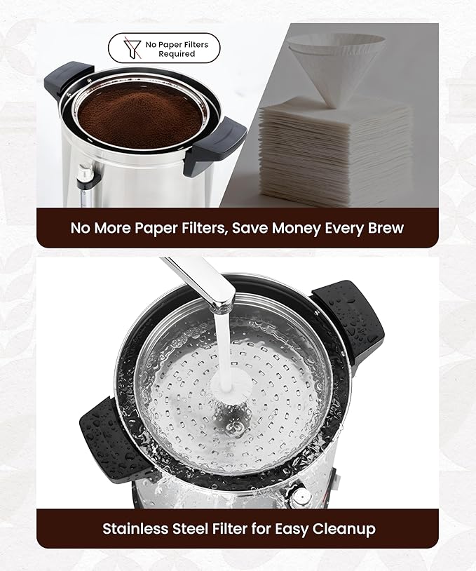 AZZO KITCHEN Commercial Coffee Maker 40-Cup Large Coffee Urn with Percolator Coffee Pot Electric 6L Stainless Steel Fast Brew Hot Water Dispenser for Tea Catering Events Home Office Easy Cleaning