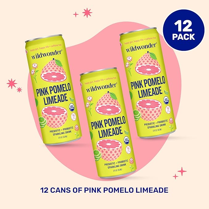 Wildwonder Sparkling Probiotic Drink, Pink Pomelo Limeade, Gluten Free, Vegan, Canned Soda with 5g of Prebiotic Fiber for Digestive & Immune Support, Low Sugar, Caffeine Free, 12 FL OZ Cans, 12 Pack