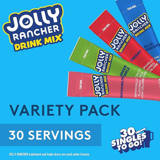 Jolly Rancher Singles To Go Variety Pack, Powdered Drink Mix, Zero Sugar, Low Calorie, Includes 4 Flavors: Green Apple, Blue Raspberry, Cherry, Watermelon, 1 Box (30 Single Servings)