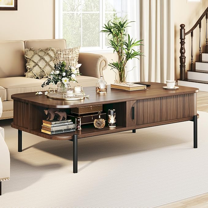 Coffee Table, 47.2" Mid Century Modern Coffee Tables for Living Room, Coffee Table with Storage Open Shelf, Fluted Table with Sliding Cabinet Door, 2-Tier Rustic Wood Desktop, Walnut