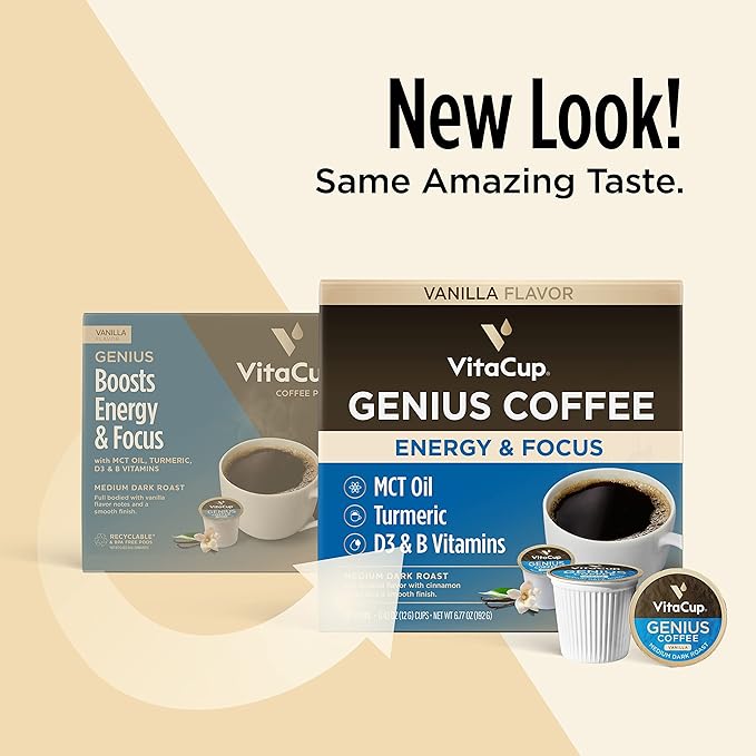 VitaCup Genius Vanilla Keto Coffee Pods w/MCT Oil, Turmeric, B Vitamins, & D3 for Energy & Focus in Single Serve Pod Compatible with K-Cup Brewers Including Keurig 2.0, 64 CT
