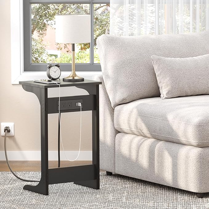 TUTOTAK C Shaped End Table with Charging Station, Side Table, Couch Table for Small Spaces, Tv Tray Table with 2 USB Ports and Outlets, Living Room, Bedroom TB01BK044