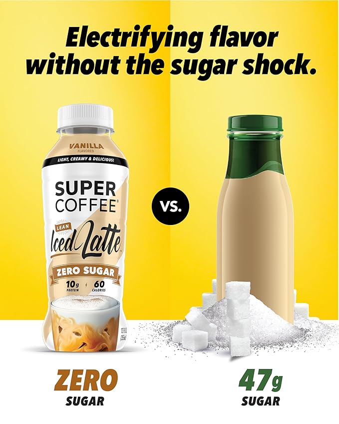 Super Coffee, Ready To Drink Iced Coffee, Vanilla Latte (12 Ounce Bottles, Pack of 12) - Low Net Carbs, No Added Sugar, Keto Friendly, 10g of Protein, Low Calorie, Protein Coffee