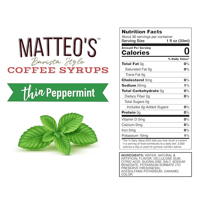 Matteo's Peppermint Syrup for Coffee, Lattes, Cappuccinos & Desserts – Sugar-Free Sweetener for Beverages, Keto Friendly, Zero Calories, Indulgent Flavor, Non-Alcoholic, Ideal for Coffee 33.8oz (1pk)