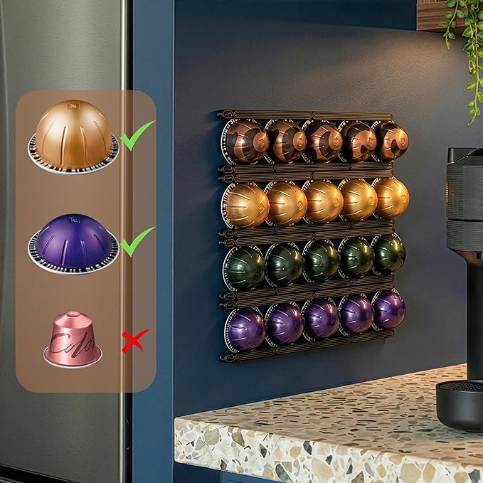 Adhesive Coffee Pod Holder for Nespresso VertuoLine, Holds 20 Capsules - Wall or Cabinet Mounted Coffee Capsule Rack with Strong 3M Adhesive Strips, Vertical or Horizontal Mount