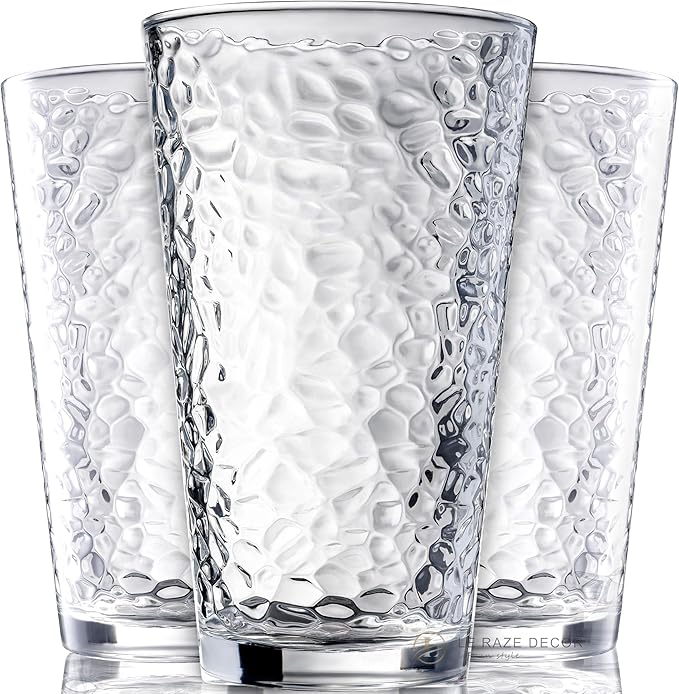 Set of 10 Hammered Glass Cups, 16oz. Dishwasher Safe Cocktail Drinking Glasses - Clear Heavy Base Stemmed Water Glasses, Tall Beer Glasses, Bar Glass, Juice, Iced Tea, Margarita, & Everyday Drinks