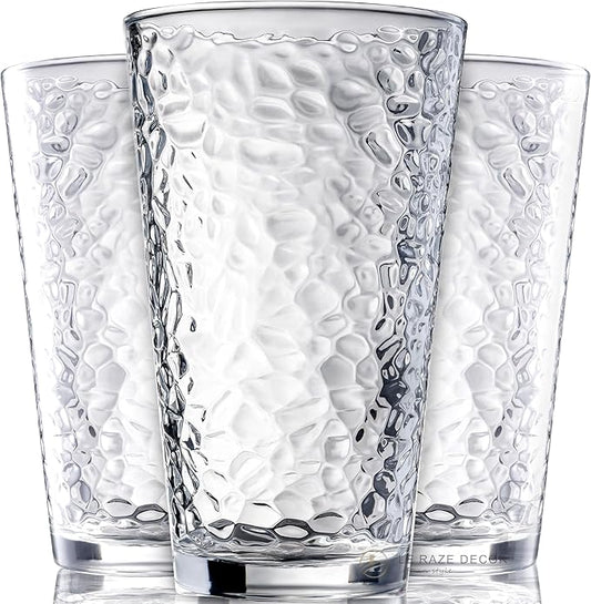 Set of 10 Hammered Glass Cups, 16oz. Dishwasher Safe Cocktail Drinking Glasses - Clear Heavy Base Stemmed Water Glasses, Tall Beer Glasses, Bar Glass, Juice, Iced Tea, Margarita, & Everyday Drinks