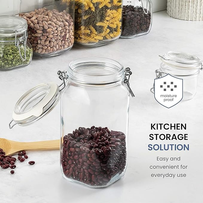 Bormioli Rocco Clear Glass Storage Jars: Airtight Hinged Lid With Leak Proof Gasket, Wide Mouth Canister Kitchen Food Container - For Zero Waste Air Tight Preserving Jam, Spices, Coffee, Sugar & Herbs