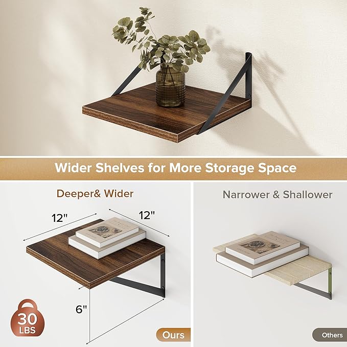 Deep Floating Shelves Wall Mounted, 12"x12" Walnut Wall Shelves with Brackets Set of 2 for Bedroom, Living Room, Bathroom, Kitchen, Office - Storage & Display Shelf for Decor, Books, Plants