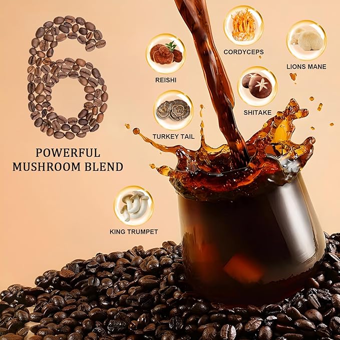 Mushroom Coffee, Adaptogenic 6 Mushrooms with Lion's Mane, Reishi, Cordyceps, Shiitake, King Trumpet & Turkey Tail, Instant Coffee Powder for Energy, Digestion & Immune Support, 30 Servings