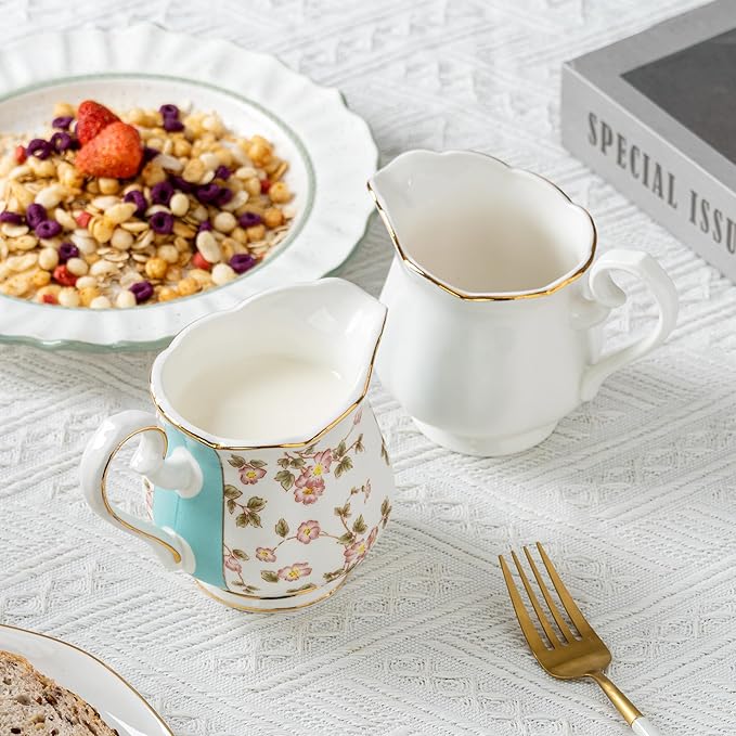 Retro Floral Porcelain Creamer Pitcher, Coffee Milk Pitcher Jug, Small Cream Syrup Dispenser for Serving Sauces Salad, Microwave & Freezer Safe, 10oz