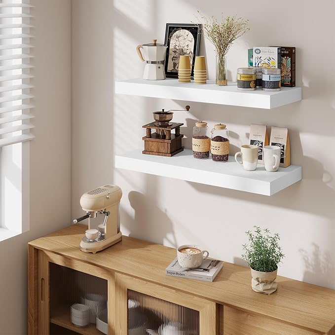 Fun Memories 32 x 12 Floating Shelves Wall-Mounted - Rustic Wood Shelf - 12 Inch Deep Floating Shelves for Wall - Large Storage Shelf for Bathroom - Kitchen & Bedroom - White - Set of 2