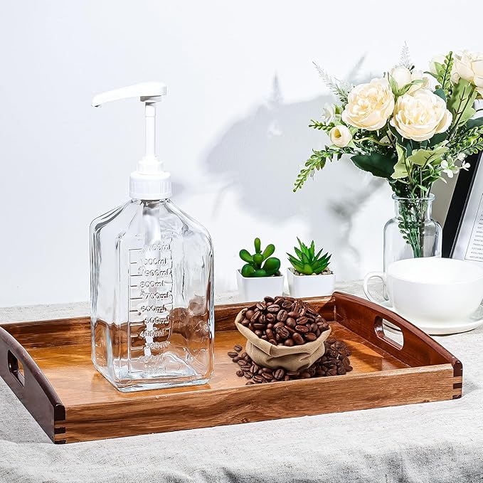 Uceoo Coffee Syrup Dispenser, Glass Syrup Bottle With Plastic Pump, 37 Oz Large Capacity Square Syrup Pump Dispensers for Coffee Bar, Simple Clear Pump Bottle for Honey, Condiments, Salad Dressings