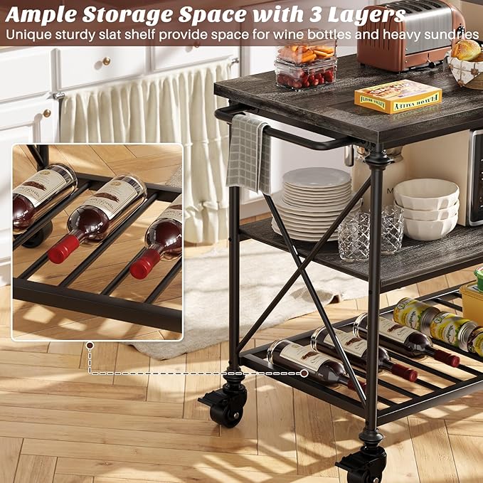 Homieasy Kitchen Island Cart with Wheels, 3-Tier Wood and Metal Rolling Kitchen Island Table with Pipe Legs, Storage Shelves & Lockable Casters for Kitchen Dining Room, Black Oak