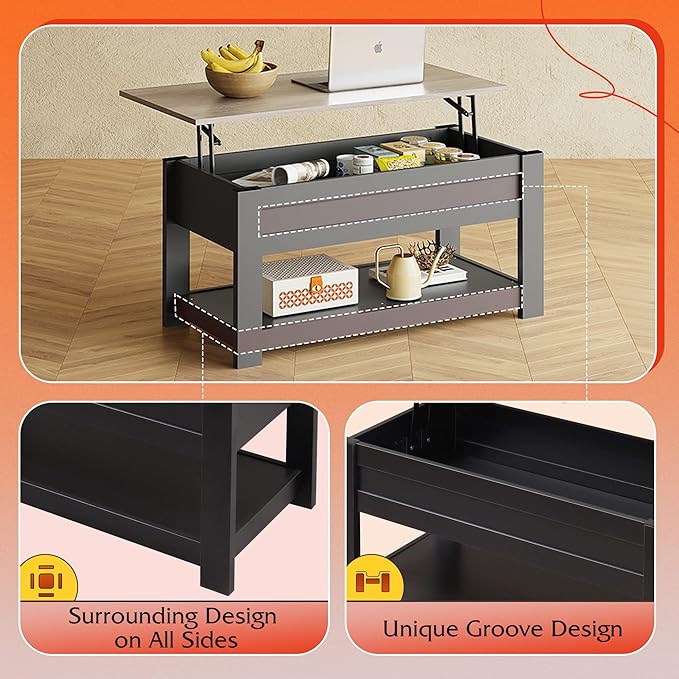 WLIVE Coffee Table, 39" Lift Top Coffee Table with Hidden Compartment and Storage Shelf for Living Room,Greige